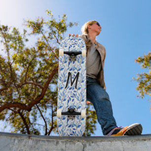 Water Colour Blue Leaf Mosaic Fine Art Monogram Skateboard