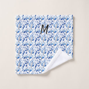 Water Colour Blue Leaf Mosaic Fine Art Monogram Wash Cloth