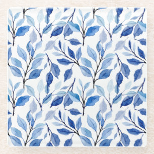 Water Colour Blue Leaf Waves Teal Mosaic Fine Art Glass Coaster