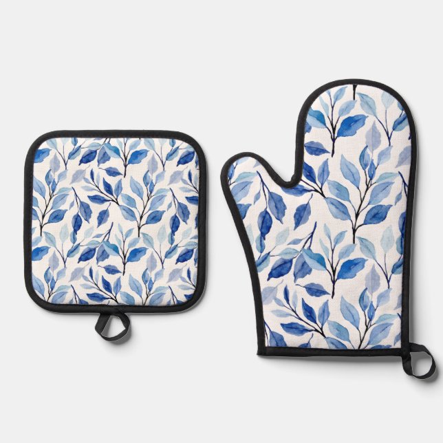 Water Colour Blue Leaf Waves Teal Mosaic Fine Art Oven Mitt & Pot Holder Set (Front)