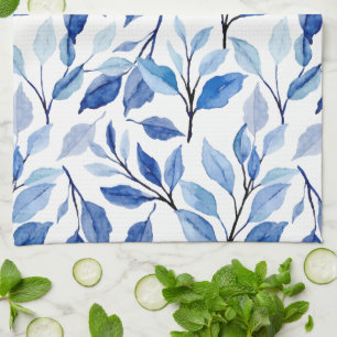 Water Colour Blue Leaf Waves Teal Mosaic Fine Art Tea Towel