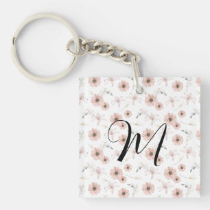 Water Colour Blush Pink Flowers Art Monogram Key Ring