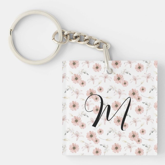 Water Colour Blush Pink Flowers Art Monogram Key Ring (Front)