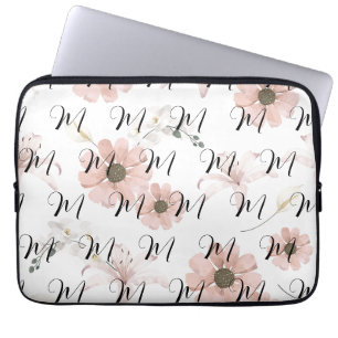 Water Colour Blush Pink Flowers Art Monogram Laptop Sleeve