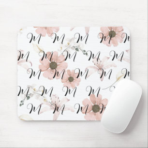 Water Colour Blush Pink Flowers Art Monogram Mouse Mat