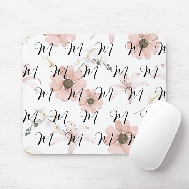 Water Colour Blush Pink Flowers Art Monogram Mouse Mat (With Mouse)