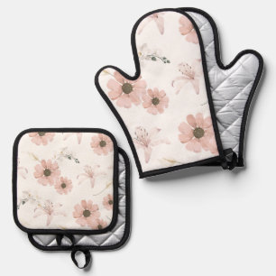 Water Colour Blush Pink Flowers Art Oven Mitt & Pot Holder Set