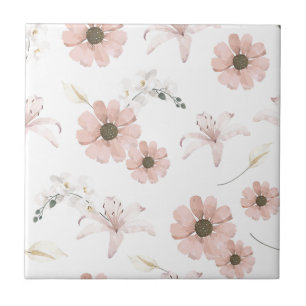 Water Colour Blush Pink Flowers Art Tile