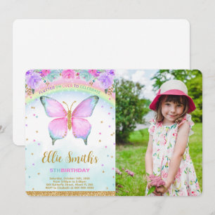 Water Colour Butterfly Birthday Photo Invitation