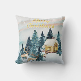 Water Colour Christmas Cabin Cushion