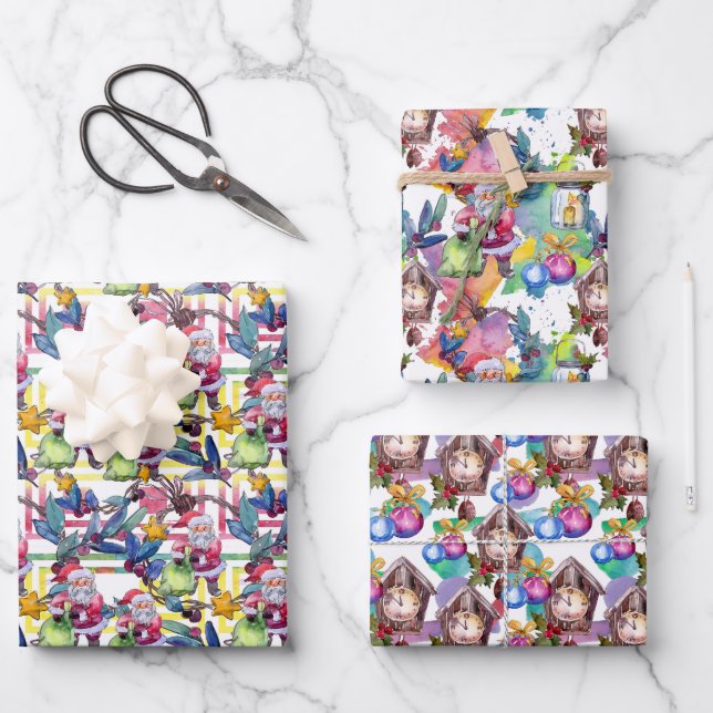 Water Colour Christmas Santa Clock Pastel Wrapping Paper Sheet (Front)