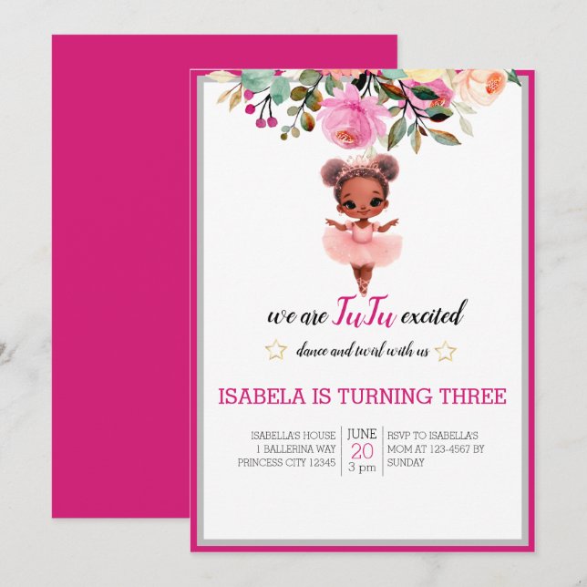 Water Colour Floral Ballerina Dancer Birthday Invitation (Front/Back)