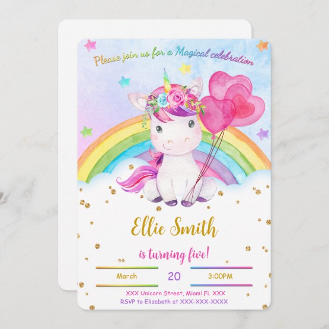 Water Colour Floral Unicorn Invitation (Front/Back)