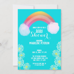 Water Colour Flowers Rainbow Blue Baby Shower Invitation