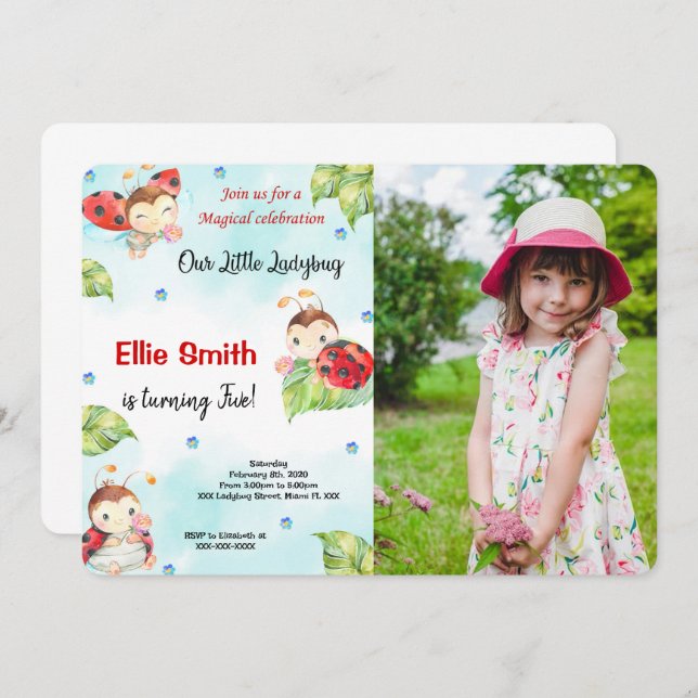 Water Colour Ladybug Photo Invitation (Front/Back)
