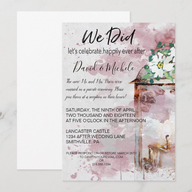 Water Colour Lantern & Flowers Post Wedding Party Invitation (Front/Back)