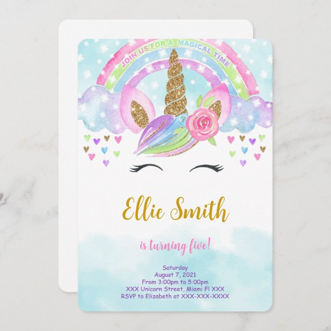 Water Colour Magical Unicorn Invitation (Front/Back)