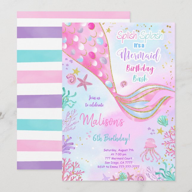 Water Colour Mermaid Birthday Invitation (Front/Back)
