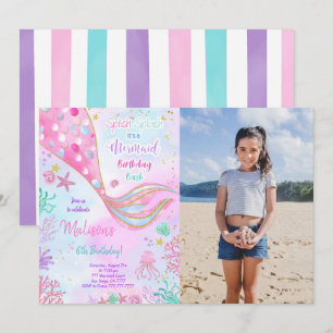 Water Colour Mermaid Birthday Photo Invitation