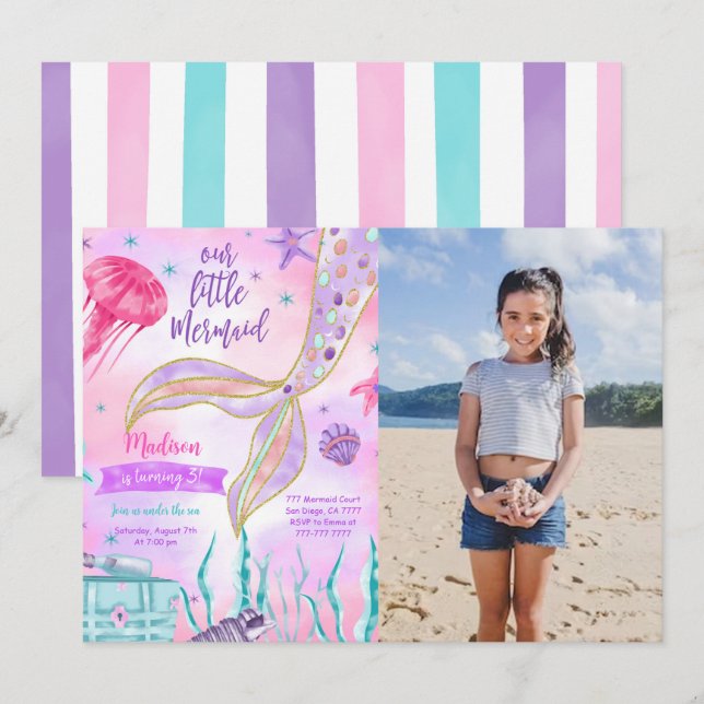 Water Colour Mermaid Photo Invitation (Front/Back)