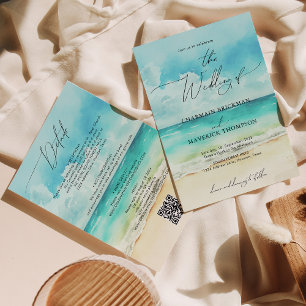 Water Colour Ocean Beach Budget Wedding Invitation