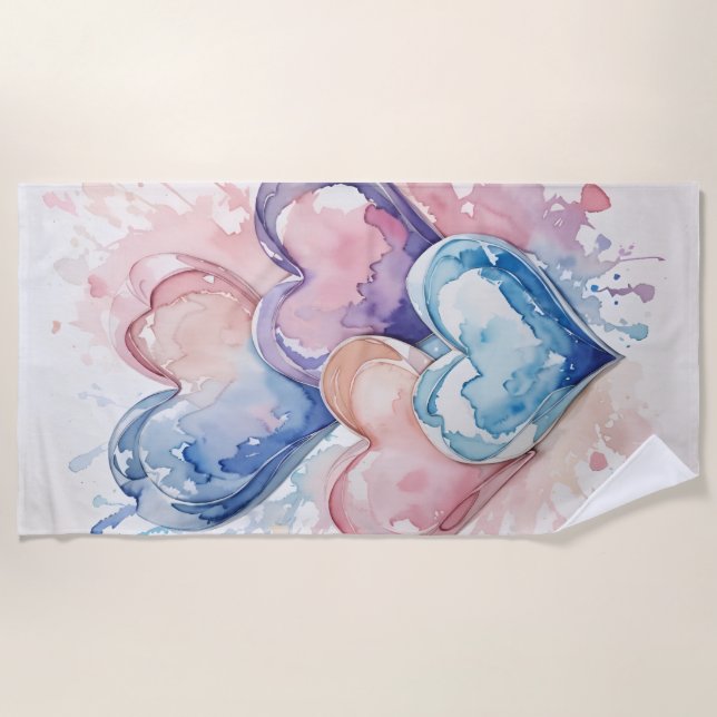 Water Colour Painted Hearts  Beach Towel (Front)