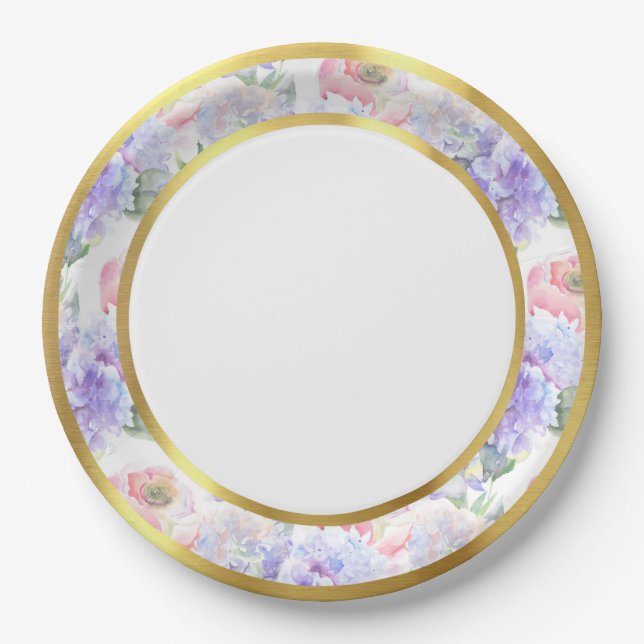 Water Colour Pastel Floral Gold Rim Paper Plate (Front)