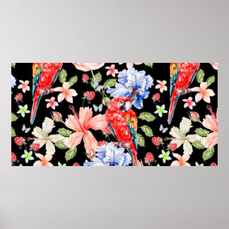 Water colour pattern with flowers roses, iris, hib poster