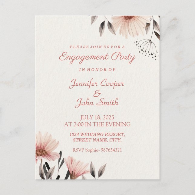 Water Colour Pink Floral  Engagement Party Postcard (Front)
