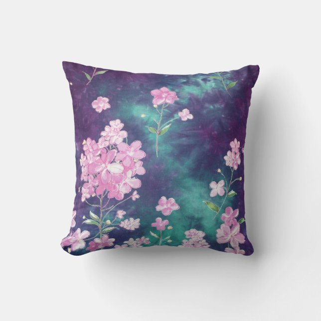 Water Colour Pink Flowers Purple Tie Dye Dreamer Cushion (Front)