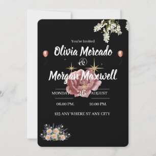 Water colour pink wildflower Floral black wedding  Invitation