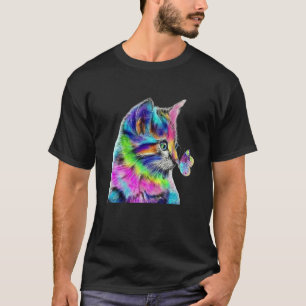 Water Colour Rainbow Cat With Colourful Butterfly T-Shirt