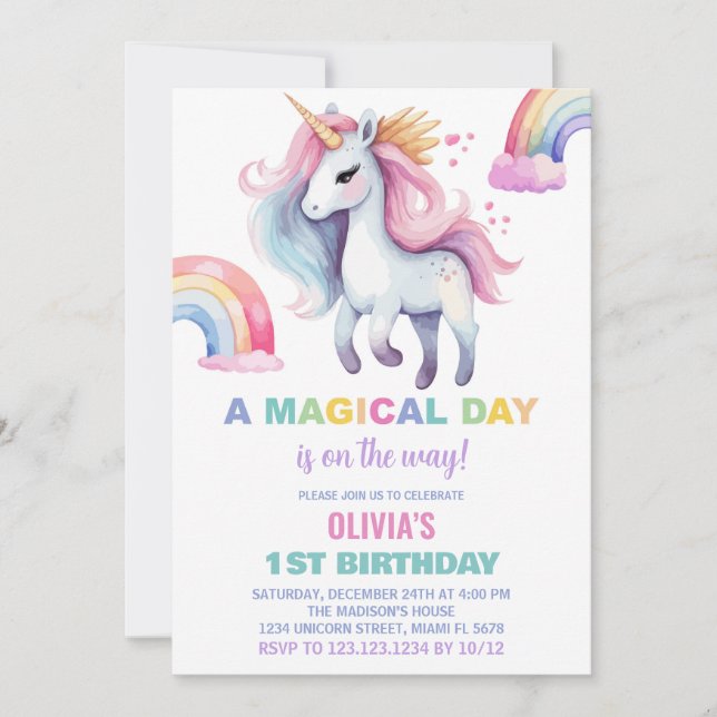 Water colour Rainbow Unicorn Birthday Invitations (Front)