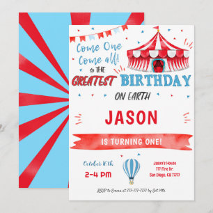 Water Colour Red & Blue Circus Invitation