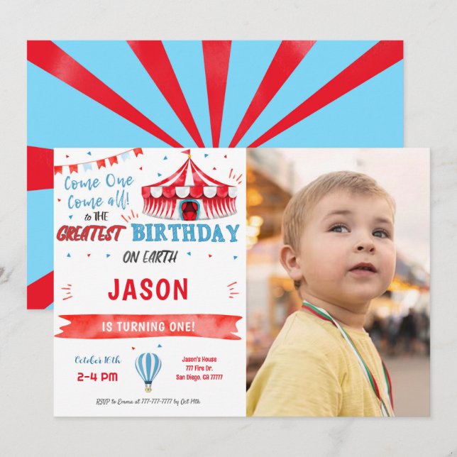 Water Colour Red & Blue Circus Photo Invitation (Front/Back)