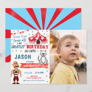 Water Colour Red & Blue Circus Photo Invitation