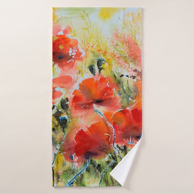 Water colour red poppy flowers painting. Flowers i Bath Towel (Bath Towel)