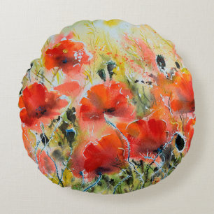 Water colour red poppy flowers painting. Flowers i Round Cushion