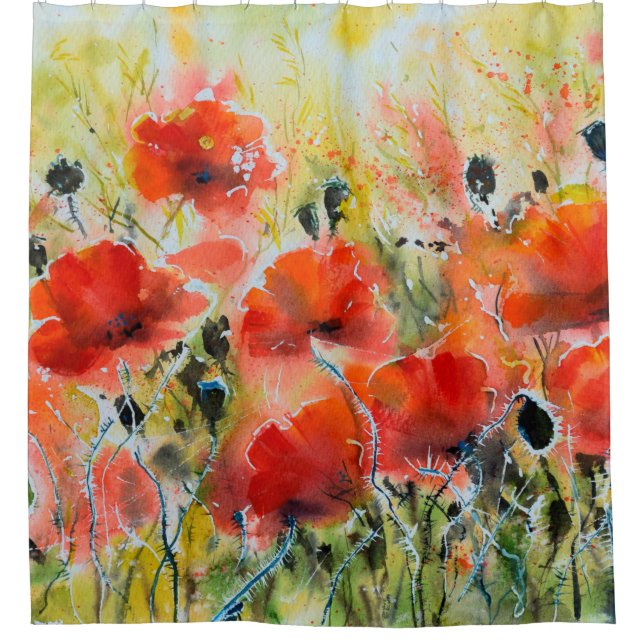 Water colour red poppy flowers painting. Flowers i Shower Curtain (Front)