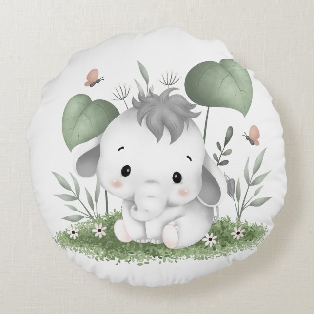 Water Colour Safari Elephant in Baby design Round Cushion (Back)