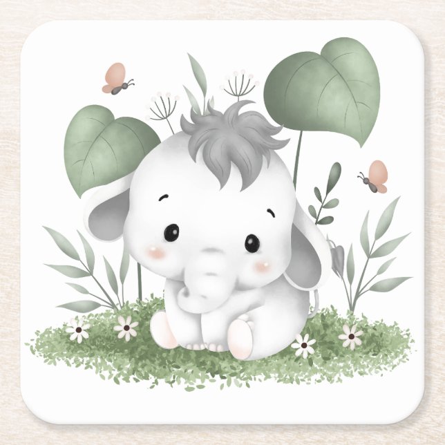 Water Colour Safari Elephant in Baby design Square Paper Coaster (Front)