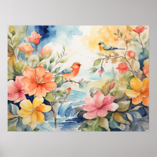 Water Colour Scene with Birds and Flowers Poster