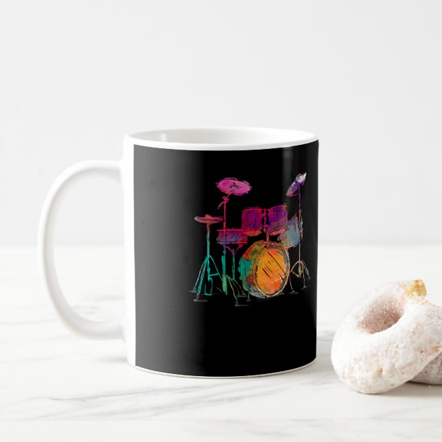 Water Colour Style Drummer Drum Set  Drummer Coffee Mug (With Donut)