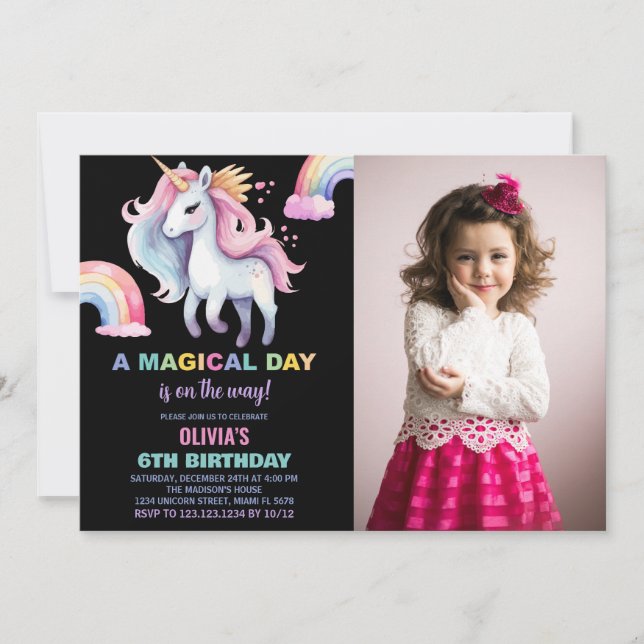 Water colour Unicorn Birthday Invitations w photo (Front)