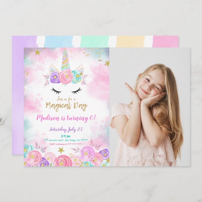 Water Colour Unicorn Photo Invitation (Front/Back)
