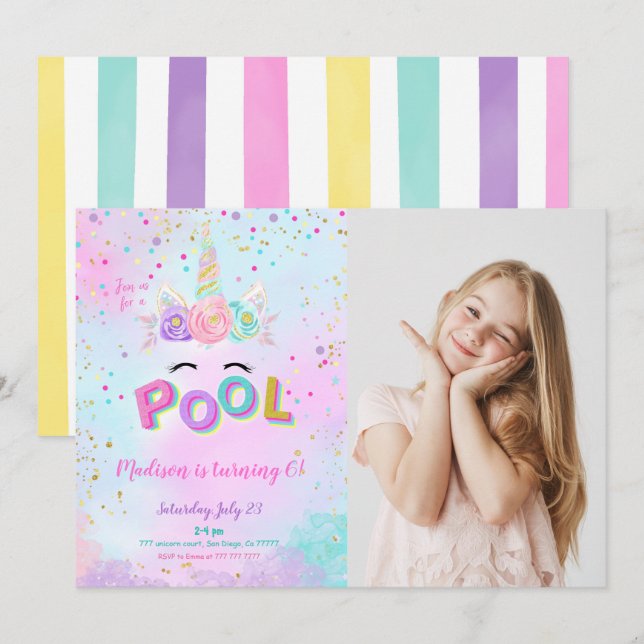 Water Colour Unicorn & Pool Photo Invitation (Front/Back)