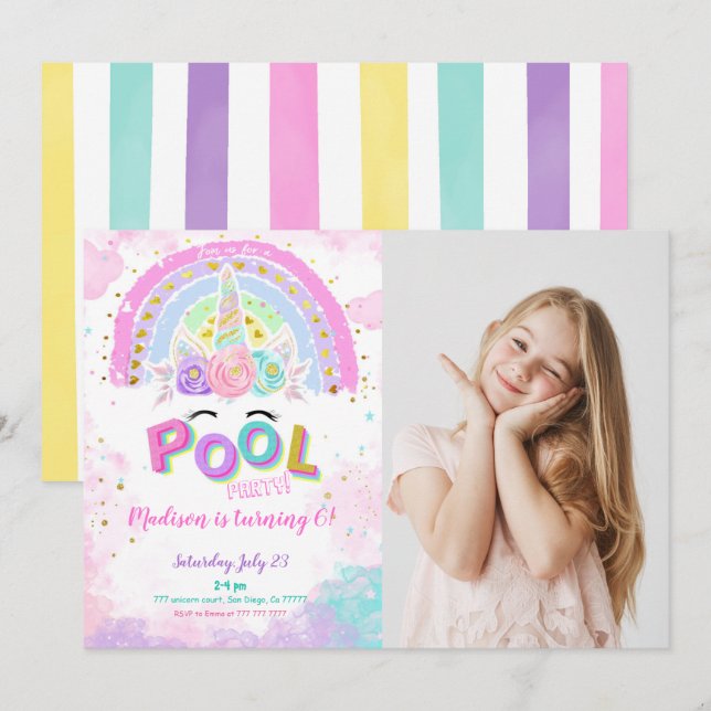 Water Colour Unicorn & Pool Photo Invitation (Front/Back)
