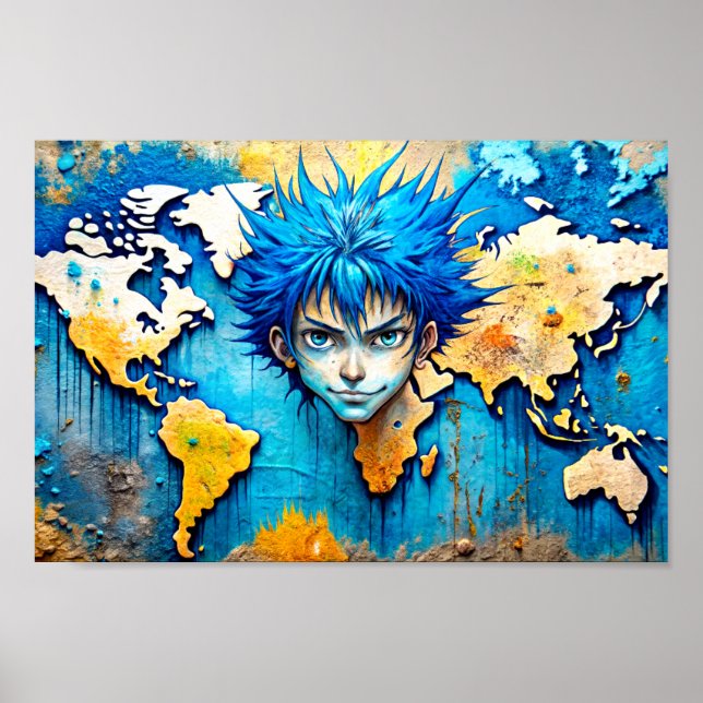 Water Colour Wall Art World Map Poster for Kis  (Front)