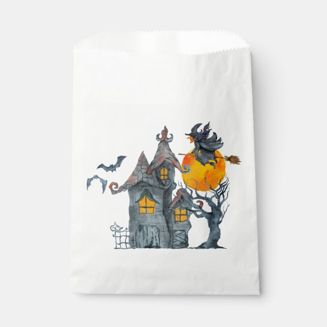 Water colour Witch and spooky  house Halloween Favour Bags (Front)