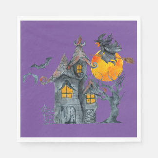 Water colour Witch and spooky house Halloween Nap Napkin